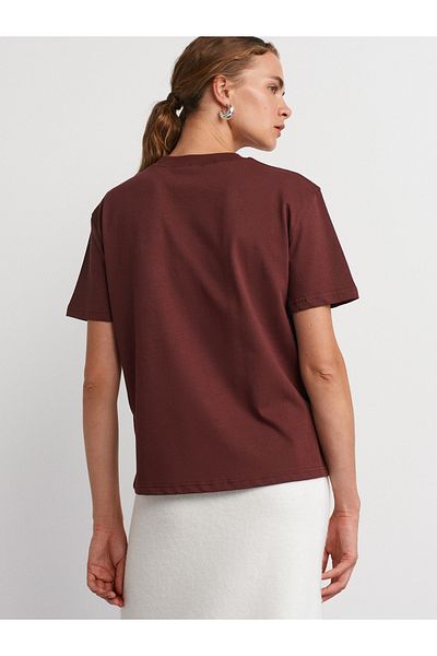 Dilvin 30312 Decorative Stitched Crew Neck T-Shirt-Dark Claret Red