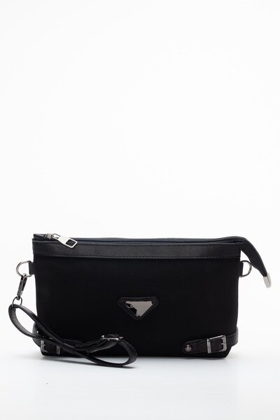 Dilimler Ayakkabı Satin Look Black Women's Portfolio Bag with Long Short Strap