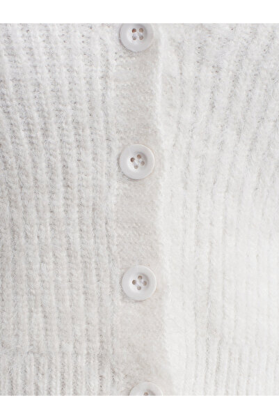 Dilvin 60275 V-Neck Buttoned Soft Textured Shiny Knitwear Cardigan-Ecru