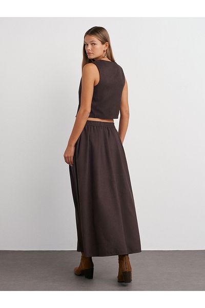 Dilvin 80844 Model - Brown Loose Cut Midi Skirt