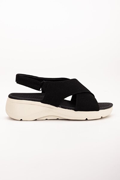 Dilimler Ayakkabı Black Linen Faylon - Wedge Sole Women's Sandals
