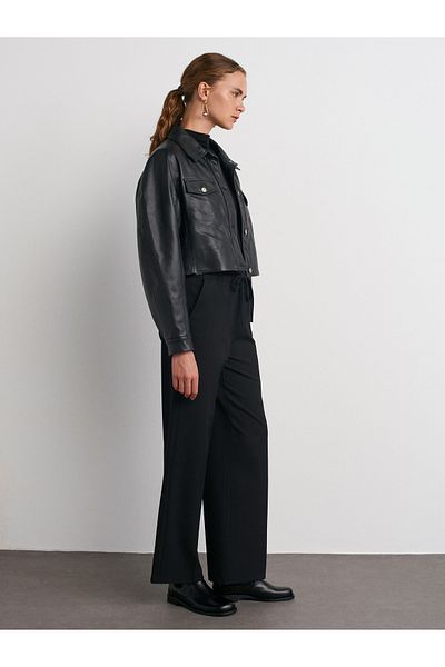 Dilvin 71561 Long Draped Stylish Trousers-Black