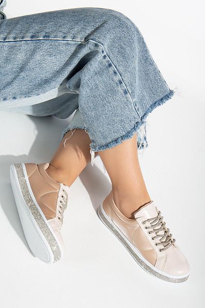 Dilimler Ayakkabı Nude Silver Patent Leather Lacing Stoned Women's Sports Shoes