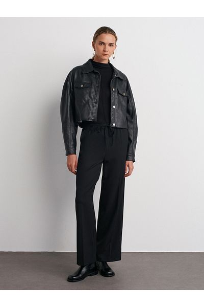 Dilvin 71561 Long Draped Stylish Trousers-Black