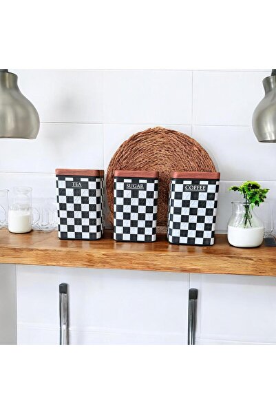 UCR HOME Yeni Dama Desen Premium 3'lü Metal Çay Kahve Şeker Saklama Kavanozu