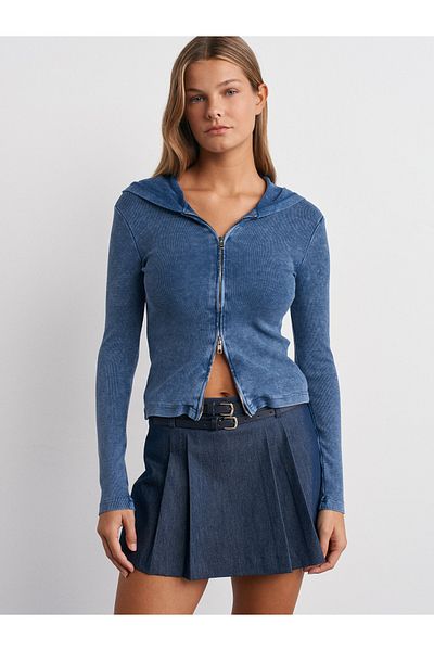 Dilvin 31265 - Hooded Indigo Top with Washing Effect