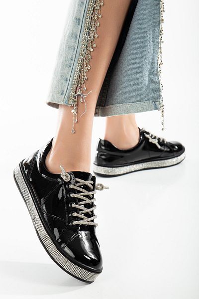 Dilimler Ayakkabı Patent Leather Sole Lacing Stoned Black Women's Sports Shoes