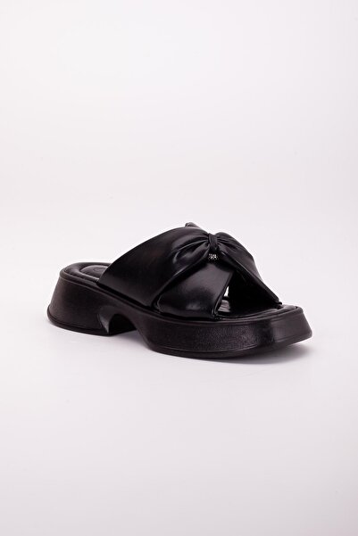 Dilimler Ayakkabı Black Women's Wedge Heel Slippers - Cross Skin, Thick Sole and Small Stone Detail