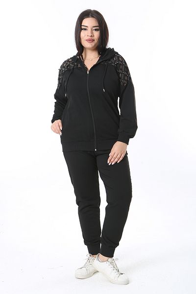 Şans Plus Size Black Sequined Hooded Sweatshirt and Pants Set - 65N38377