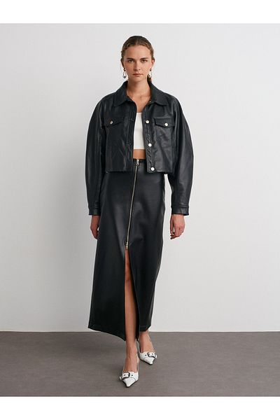 Dilvin 80385 Zipper Detailed Faux Leather Skirt-Black