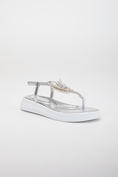 Dilimler Ayakkabı Silver Colored Butterfly Stone Women's Sandals - Flat Sole, Flip Flops