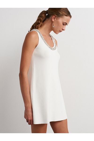 Dilvin 90225 Shiny Stone Appliqued Knitwear Dress-Ecru