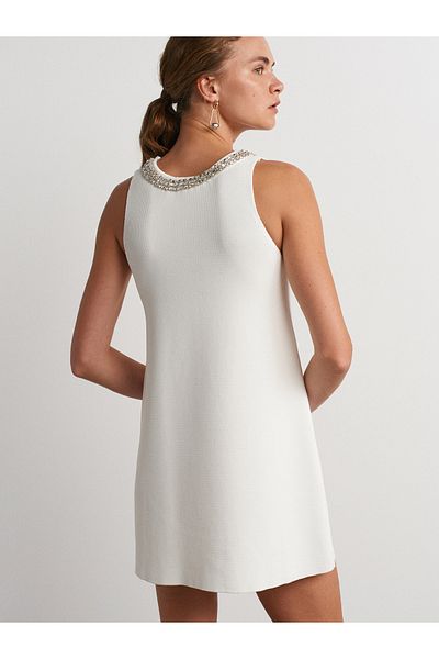 Dilvin 90225 Shiny Stone Appliqued Knitwear Dress-Ecru
