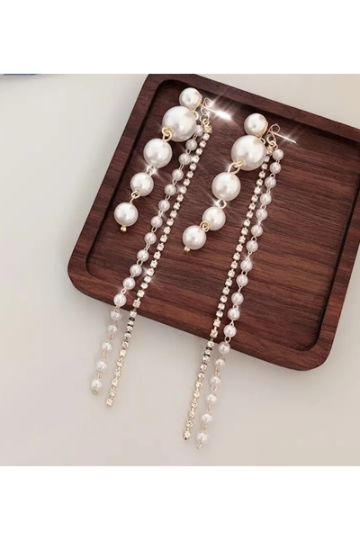 Aksesuar Gold Renkli Taşlı Ve İnci Sallantılı Uzun Şık Nişan Kına Nikah Düğün Abiye Küpe