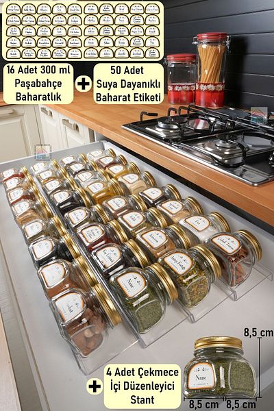 color house Glass Jar Spice Rack 300 cc 16 Pieces of Pasabahce and 4 Pieces of Drawer Organizer 35cm Long10cm Load
