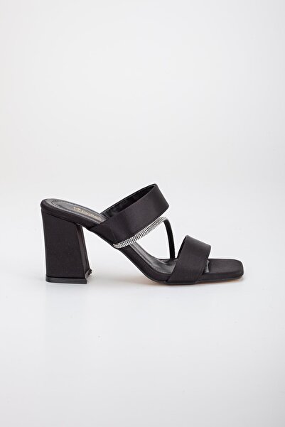 Dilimler Ayakkabı Satin Two-Striped Cross Stripe Stone Black Women's Heeled Slippers