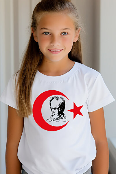 ASELİNDA Tricou alb pentru copii cu imprimeu Ataturk și Semiluna și Steaua 10...