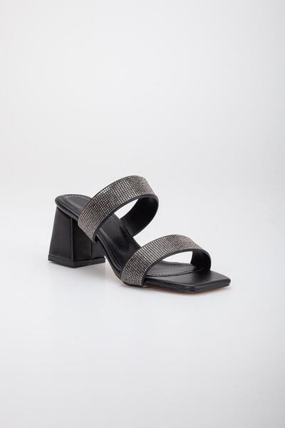 Dilimler Ayakkabı Чорні жіночі капці на підборах з двома товстими каменями