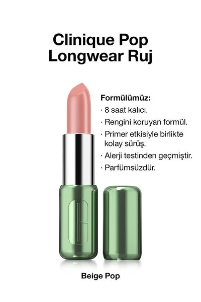 Clinique Pop Longwear™ Gün Boyu Kalıcı Ruj - Renk: Beige Pop 3.9g | Saten Bitiş