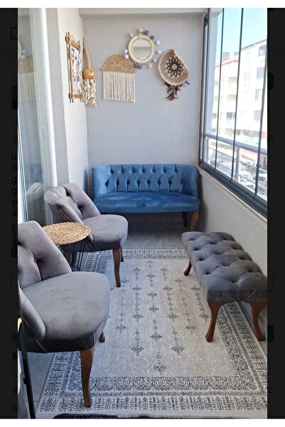 Ecem Life Deniz mavisi gri kombin cay seti 2 1 1 puf hedye