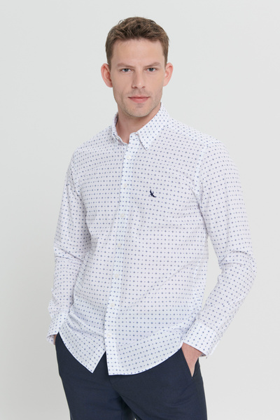 ALTINYILDIZ CLASSICS Férfi fehér-kék karcsúsított, 100% pamut rejtett gombos galléros nyomott ing
