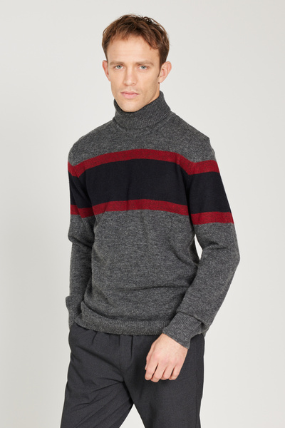 ALTINYILDIZ CLASSICS Men's Anthracite-Navy Wool Standard Fit Regular Fit Full Turtleneck Jacquard Knitwear Sweater