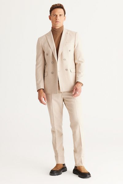 ALTINYILDIZ CLASSICS Men's Beige Slim Fit Slim Fit Swallow Collar Wool Suit