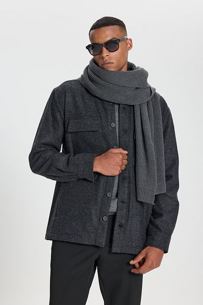 ALTINYILDIZ CLASSICS Men's Anthracite Oversize Fit Wide Cut Hidden Button Collar Woolen Shirt
