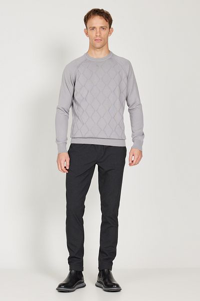 ALTINYILDIZ CLASSICS Grauer Herren-Jacquard-Strickpullover aus Melange-Wolle mit normaler Passform und Rundhalsausschnitt