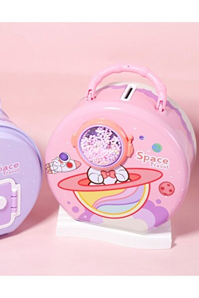 Livava Pușculiță din metal astronaut cu lacăt și geantă, roz, 15x14