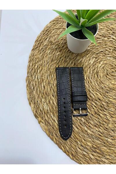 Prizma 26mm Mat Croco Siyah Saat Kordonu. Suni Deri Saat Kordonu. Taba Dikiş.