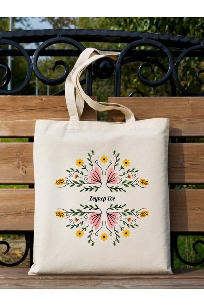 Cemira İsme Özel Hediye Çanta, Çiçekli Kişiye Özel Tote Bag, Kitap Çantası, Shopper Bag, Omuz Çantası