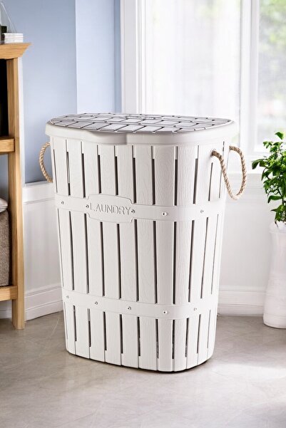 Genel Markalar Bambu Desenli Halat Kulplu Çamaşır Sepeti, 65lt Hacim, Beyaz