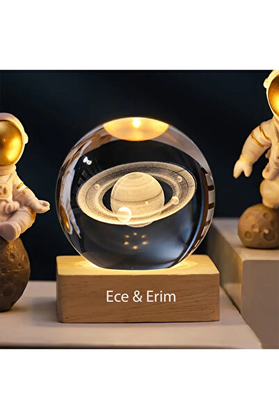 keyfim shop İsme Özel Büyük Boy Işıklı Ahşap Kare Kaideli Satürn Temalı Cam K...