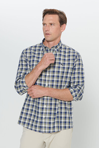 ALTINYILDIZ CLASSICS Men's Blue-Yellow Regular Fit Relaxed Fit Hidden Button Collar Linen Checked Shirt