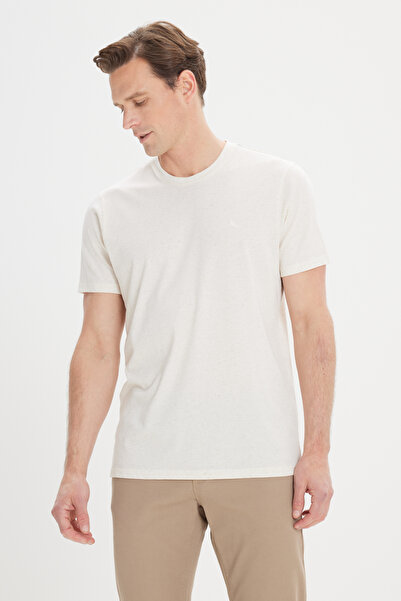 ALTINYILDIZ CLASSICS Ανδρικό βαμβακερό μπλουζάκι σε μπεζ μελανζ λεπτή εφαρμογή με λαιμόκοψη