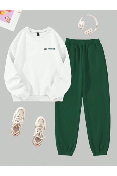 EXPECTED Unisex Oversize Printed Cotton Raised Crew Neck Elastic Bottom Top Tracksuit Set