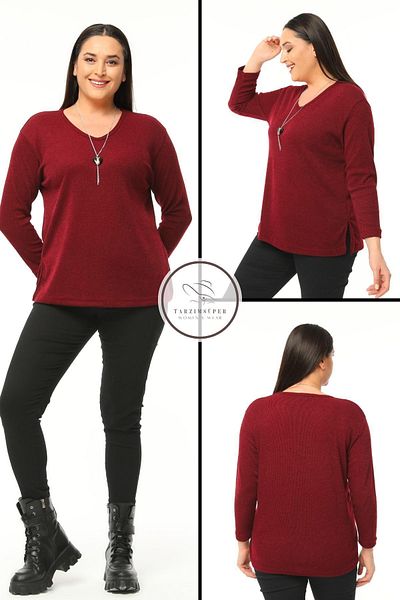 tarzımsüper New Season Soft Texture Comfort Model Mother Solid Color V-neck Knitwear Sweater with Large Size Necklace Gift