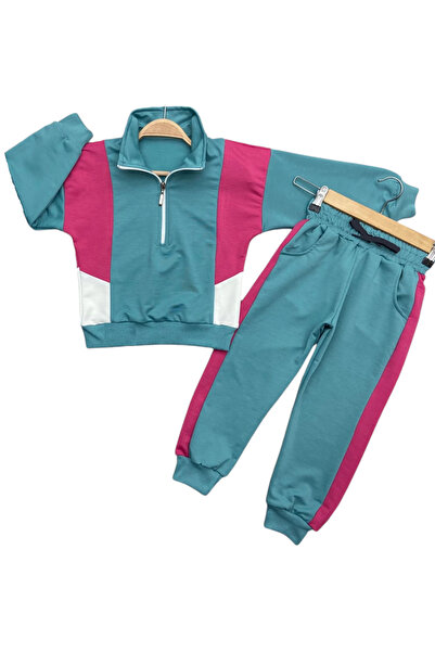 İrem Çocuk Giyim Girl's Half Zipper Model Color Block Green Color Tracksuit Set