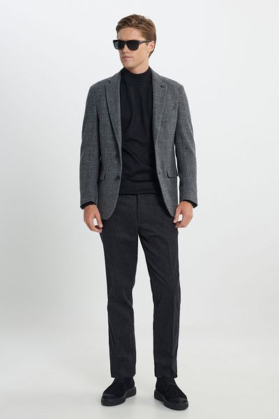 ALTINYILDIZ CLASSICS Ανδρικό μπουφάν Anthracite Comfort Fit Relaxed Cut Mono γιακά με σχέδιο 100% μαλλί
