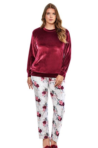 FLZ Set de pijamale din catifea Burgundy Chic - Maneca lunga, Marime Plus