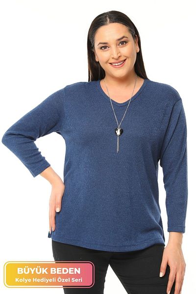 tarzımsüper New Season Soft Texture Comfort Model Mother Solid Color V-neck Knitwear Sweater with Large Size Necklace Gift