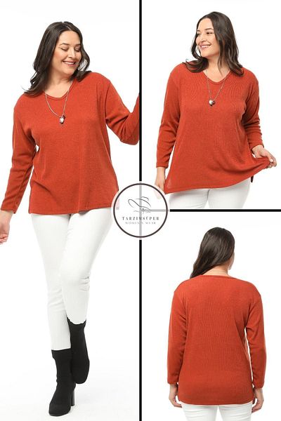 tarzımsüper New Season Soft Texture Comfort Model Mother Solid Color V-neck Knitwear Sweater with Large Size Necklace Gift