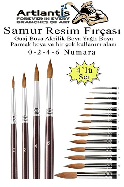 Artlantis Resim Fırçası 0 - 2 - 4 - 6 Numara 1 Paket 4 lü Samur Yuvarlak Uçlu...