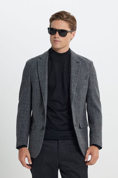 ALTINYILDIZ CLASSICS Ανδρικό μπουφάν Anthracite Comfort Fit Relaxed Cut Mono γιακά με σχέδιο 100% μαλλί