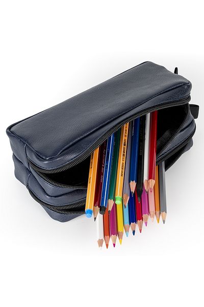 Gözde Proje Faux Leather Double Eyed Navy Blue Pencil Case