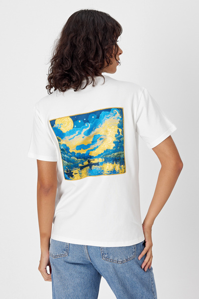 Butikgiz Μπλουζάκι με στάμπα τεχνητής νοημοσύνης - 100% βαμβάκι, κανονική εφαρμογή, απλικέ στην πλάτη (vangogh)