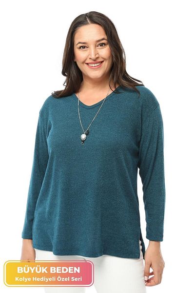tarzımsüper New Season Soft Texture Comfort Model Mother Solid Color V-neck Knitwear Sweater with Large Size Necklace Gift