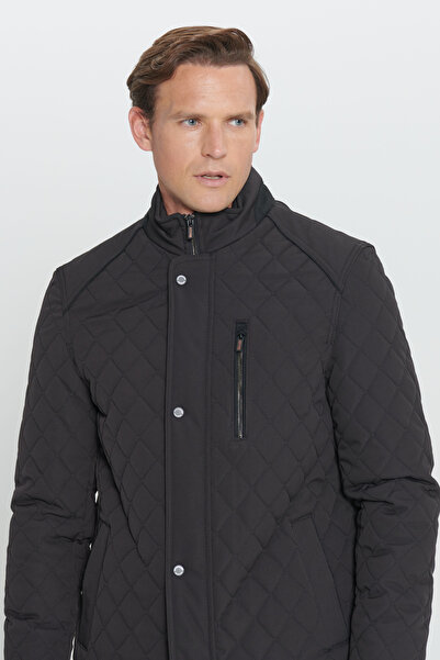 ALTINYILDIZ CLASSICS Men's Black Standard Fit Regular Cut Stand Collar Patterned Overcoat