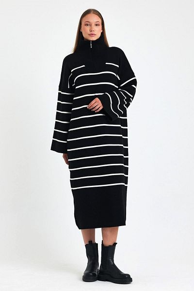 Hazinedan Rochie de damă, neagră, cu guler în dungi, cu fermoar, mânecă spaniolă, tricotaje lungi